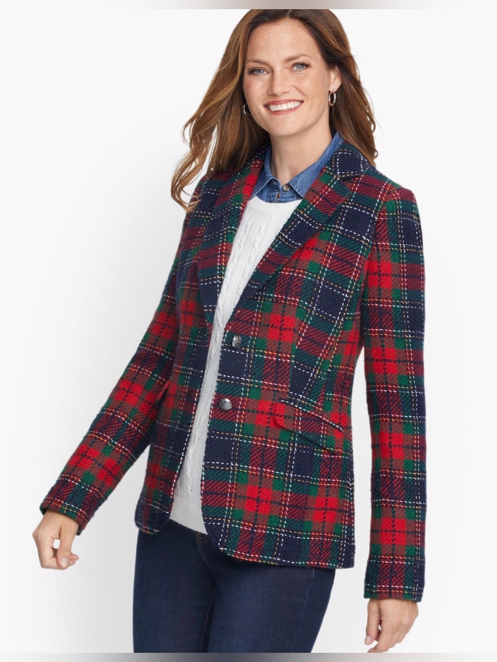 Talbots Shetland Red & Green Evening Plaid Wool Blend Single-Breasted Blazer, 12